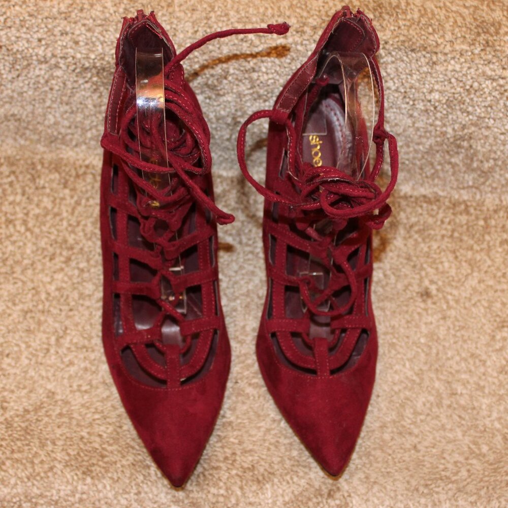 ShoeDazzle Red Suede Lace Up Cage Stiletto Heels Pointed Toe Pumps